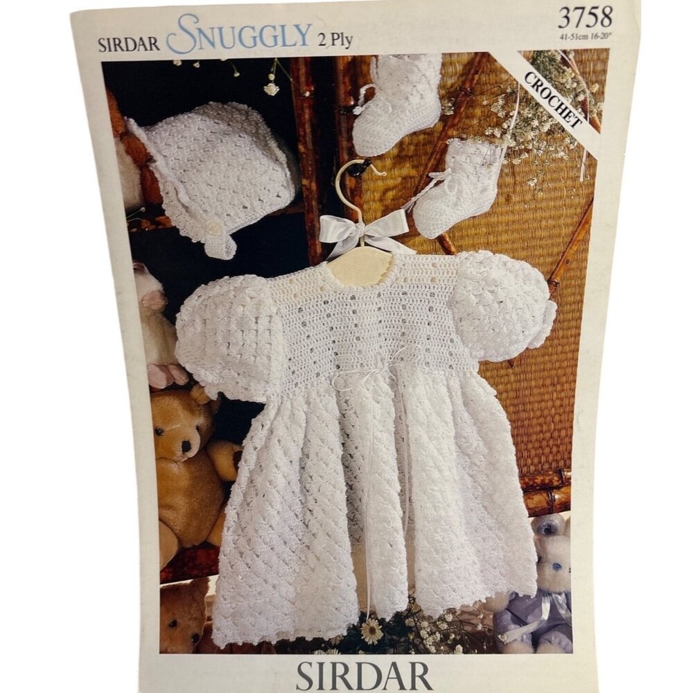 Sirdar Snuggly Crochet Pattern Baby Dress Bonnet & Booties 3758 Size 16"-20"